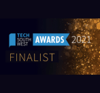 Tech South West Awards 2021 finalist badge featuring a blue ribbon and golden background, highlighting recognition in technology.